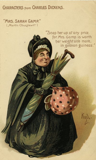 Characters from Charles Dickens - Mrs. Sarah Gamp from Martin Chuzzlewit, Postcard (c.1903) by Joseph Clayton Clarke
